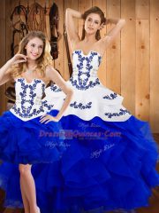 Deluxe Blue Ball Gowns Strapless Sleeveless Satin and Organza Floor Length Lace Up Embroidery and Ruffles Sweet 16 Dresses