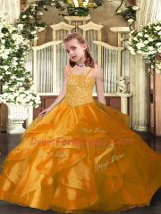 Customized Orange Ball Gowns Beading and Ruffles Little Girls Pageant Gowns Lace Up Organza Sleeveless Floor Length