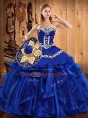 On Sale Organza Sweetheart Sleeveless Lace Up Embroidery and Ruffles Quince Ball Gowns in Royal Blue