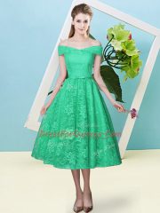 Simple Turquoise Damas Dress Prom and Party and Wedding Party with Bowknot Off The Shoulder Cap Sleeves Lace Up