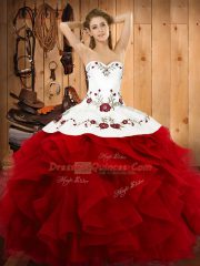 Halter Top Sleeveless Satin and Organza Sweet 16 Quinceanera Dress Embroidery and Ruffles Lace Up