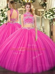 Hot Pink High-neck Neckline Beading 15 Quinceanera Dress Sleeveless Backless