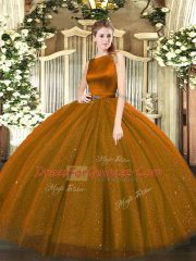 Floor Length Clasp Handle Quinceanera Dress Brown for Military Ball and Sweet 16 and Quinceanera with Belt