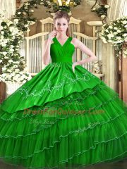 Top Selling Green V-neck Zipper Embroidery and Ruffled Layers Sweet 16 Quinceanera Dress Sleeveless