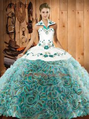 Custom Design Sleeveless Fabric With Rolling Flowers Sweep Train Lace Up Quinceanera Gown in Multi-color with Embroidery