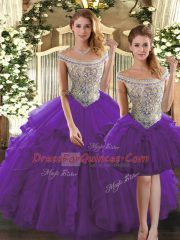 Exquisite Organza Bateau Sleeveless Lace Up Beading and Ruffles Vestidos de Quinceanera in Purple