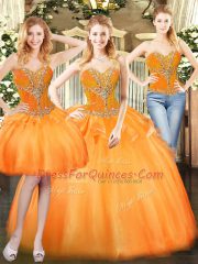 Sleeveless Floor Length Beading and Ruffles Lace Up Quinceanera Dress with Orange Red