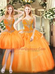Sleeveless Floor Length Beading and Ruffles Lace Up Quinceanera Dress with Orange Red