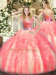 Delicate Floor Length Zipper Ball Gown Prom Dress Watermelon Red for Military Ball and Sweet 16 and Quinceanera with Beading and Ruffles