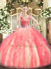 Delicate Floor Length Zipper Ball Gown Prom Dress Watermelon Red for Military Ball and Sweet 16 and Quinceanera with Beading and Ruffles