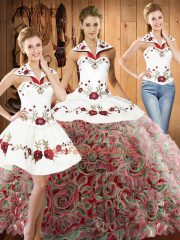 Amazing Multi-color Halter Top Neckline Embroidery Sweet 16 Dresses Sleeveless Lace Up