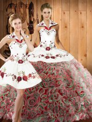 Amazing Multi-color Halter Top Neckline Embroidery Sweet 16 Dresses Sleeveless Lace Up