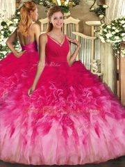 Dramatic Sleeveless Tulle Floor Length Backless Quinceanera Gown in Multi-color with Ruffles