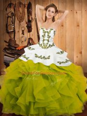 Inexpensive Olive Green Ball Gowns Satin and Organza Strapless Sleeveless Embroidery and Ruffles Floor Length Lace Up Quinceanera Dress