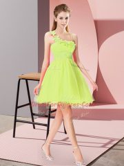 Sleeveless Mini Length Beading and Hand Made Flower Zipper Prom Party Dress with Yellow Green