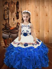 Custom Design Floor Length Lace Up Kids Pageant Dress Blue for Sweet 16 and Quinceanera with Embroidery and Ruffles