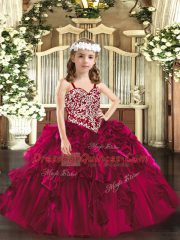 Gorgeous Fuchsia Ball Gowns Organza Straps Sleeveless Beading and Ruffles Floor Length Lace Up Child Pageant Dress