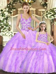 Colorful Beading and Ruffles Quince Ball Gowns Lilac Lace Up Sleeveless Floor Length