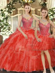 Three Pieces Ball Gown Prom Dress Red Straps Organza Sleeveless Floor Length Lace Up