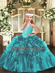 Teal Lace Up V-neck Beading and Ruffles Little Girl Pageant Gowns Organza Sleeveless