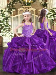 Fashionable Purple Ball Gowns Organza Straps Sleeveless Beading and Ruffles Floor Length Lace Up Custom Made Pageant Dress
