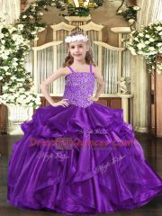 Fashionable Purple Ball Gowns Organza Straps Sleeveless Beading and Ruffles Floor Length Lace Up Custom Made Pageant Dress