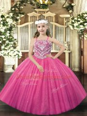Hot Pink Ball Gowns Beading Pageant Dress for Teens Lace Up Tulle Sleeveless Floor Length