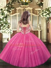 Hot Pink Ball Gowns Beading Pageant Dress for Teens Lace Up Tulle Sleeveless Floor Length