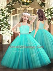 Attractive Floor Length Zipper Little Girls Pageant Gowns Turquoise for Party and Quinceanera with Beading and Lace
