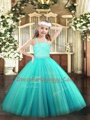 Attractive Floor Length Zipper Little Girls Pageant Gowns Turquoise for Party and Quinceanera with Beading and Lace