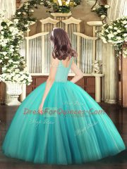 Attractive Floor Length Zipper Little Girls Pageant Gowns Turquoise for Party and Quinceanera with Beading and Lace