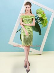 Sequined Off The Shoulder Short Sleeves Zipper Sequins Prom Gown in Yellow Green