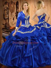 On Sale Royal Blue Ball Gowns Sweetheart Sleeveless Organza Floor Length Lace Up Embroidery and Ruffles 15th Birthday Dress