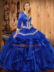 On Sale Royal Blue Ball Gowns Sweetheart Sleeveless Organza Floor Length Lace Up Embroidery and Ruffles 15th Birthday Dress