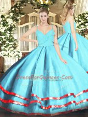 Aqua Blue Ball Gowns Ruffled Layers Sweet 16 Dresses Zipper Organza Sleeveless Floor Length