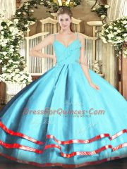 Aqua Blue Ball Gowns Ruffled Layers Sweet 16 Dresses Zipper Organza Sleeveless Floor Length