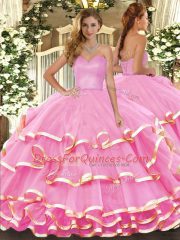 Romantic Rose Pink Sleeveless Floor Length Ruffled Layers Lace Up Vestidos de Quinceanera