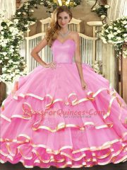 Romantic Rose Pink Sleeveless Floor Length Ruffled Layers Lace Up Vestidos de Quinceanera