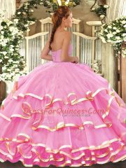 Romantic Rose Pink Sleeveless Floor Length Ruffled Layers Lace Up Vestidos de Quinceanera