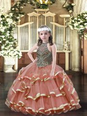 Popular Rust Red Lace Up Halter Top Beading and Ruffled Layers Kids Formal Wear Organza Sleeveless