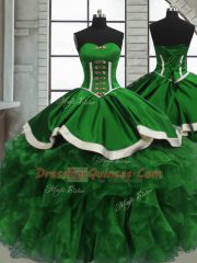 Classical Sleeveless Floor Length Beading and Ruffles Lace Up Quince Ball Gowns with Green