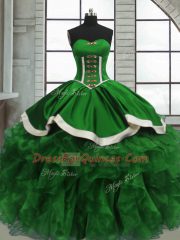 Classical Sleeveless Floor Length Beading and Ruffles Lace Up Quince Ball Gowns with Green