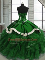 Classical Sleeveless Floor Length Beading and Ruffles Lace Up Quince Ball Gowns with Green