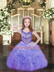 Simple Scoop Sleeveless Evening Gowns Floor Length Beading and Ruffles and Pick Ups Lavender Organza