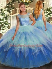 Multi-color Ball Gowns Tulle Scoop Sleeveless Ruffles Floor Length Backless 15th Birthday Dress