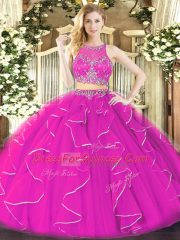 Fantastic Organza Scoop Sleeveless Zipper Ruffles Sweet 16 Dresses in Fuchsia