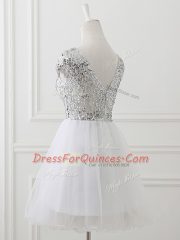 White Cap Sleeves Sequins Mini Length Dama Dress