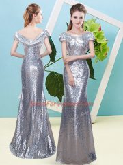 Pretty Silver Cap Sleeves Sequins Floor Length Homecoming Dress