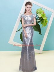 Pretty Silver Cap Sleeves Sequins Floor Length Homecoming Dress