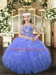 Blue Organza Lace Up Pageant Gowns For Girls Sleeveless Floor Length Beading and Ruffles
